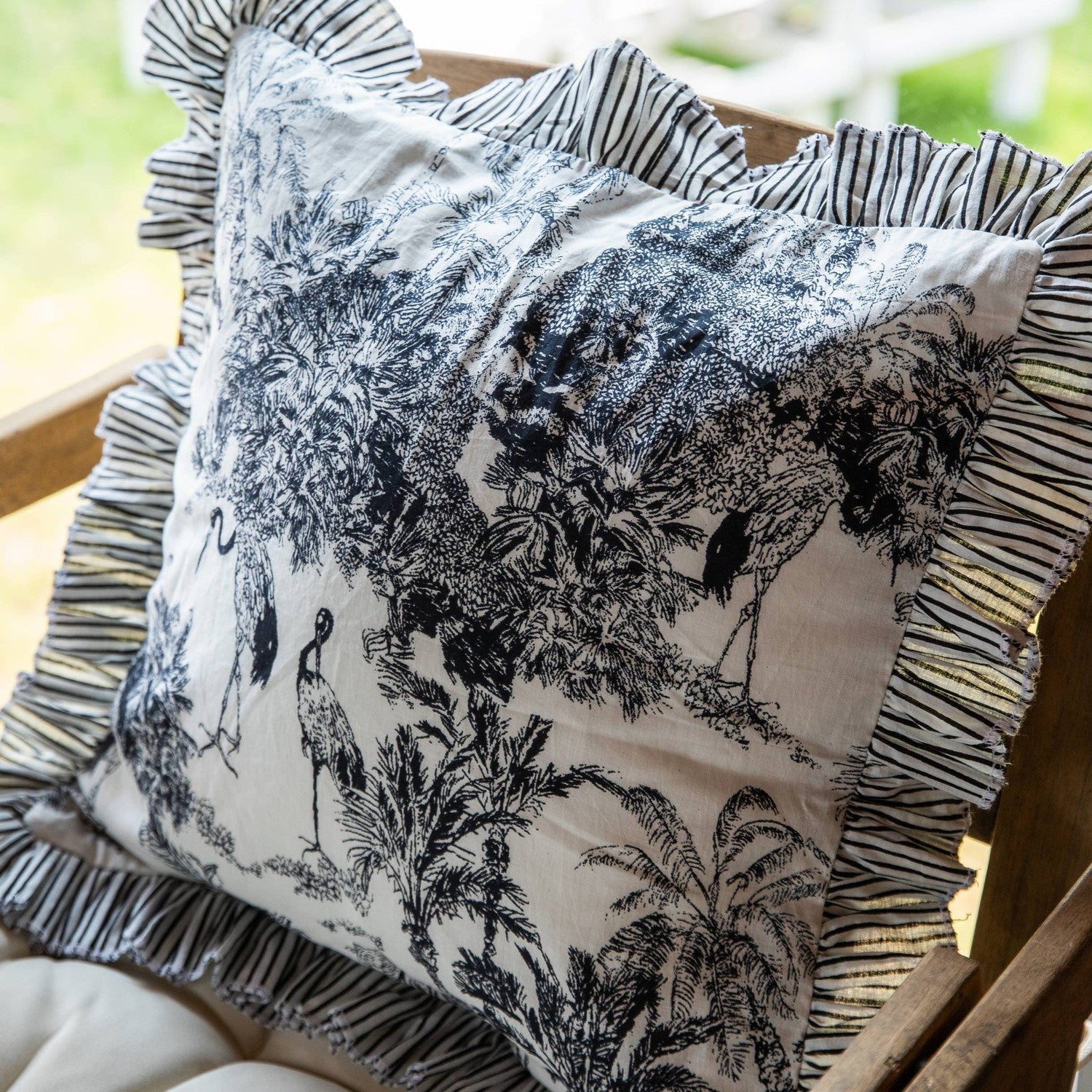 Black Tropical Dreams Ruffle Cotton Cushion Cover House of Ekam