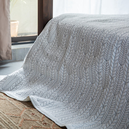 Black and White Feather Embroidered Quilt-Quilt sets-House of Ekam