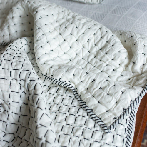 Black and White Handmade Kantha Quilt-Quilt sets-House of Ekam