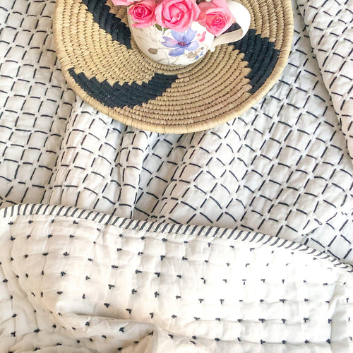 Black and White Handmade Kantha Quilt-Quilt sets-House of Ekam