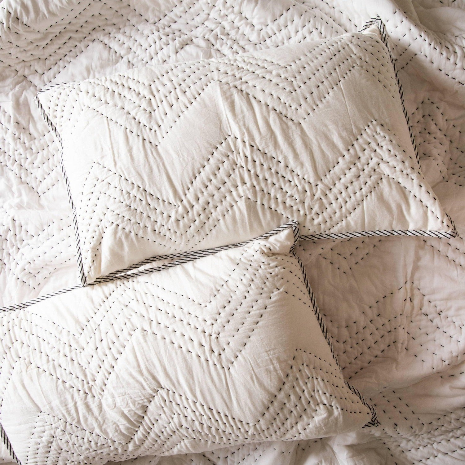 White Zig Zag Kantha Cotton Quilt Set Double Bed Queen, King Quilt