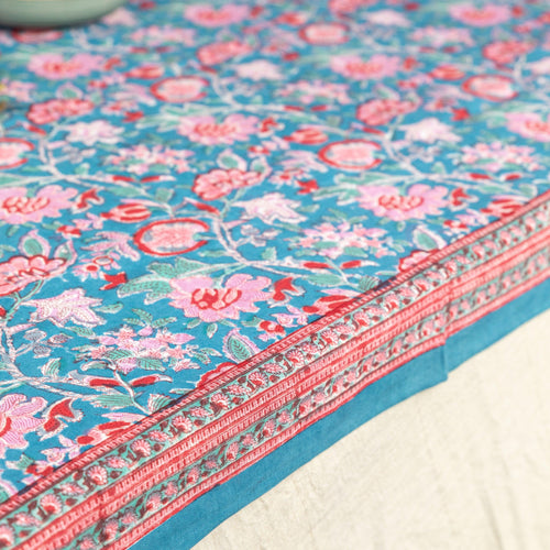 Blue & Red Gulnaar Handblockprinted Table Cloth-Table Runners-House of Ekam