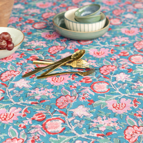 Blue & Red Gulnaar Handblockprinted Table Cloth-Table Runners-House of Ekam