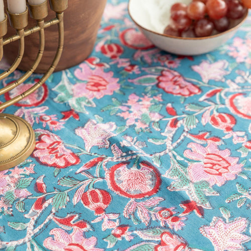Blue & Red Gulnaar Handblockprinted Table Cloth-Table Runners-House of Ekam