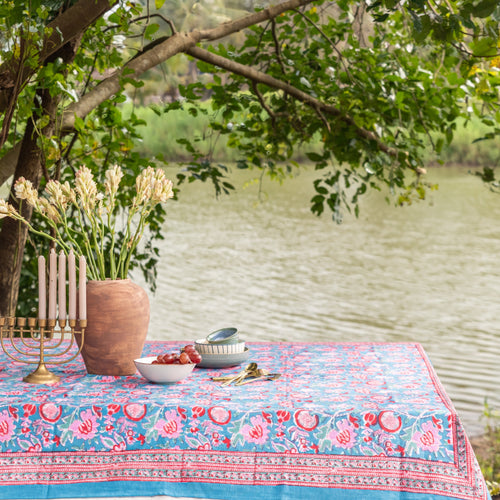 Blue & Red Gulnaar Handblockprinted Table Cloth-Table Runners-House of Ekam