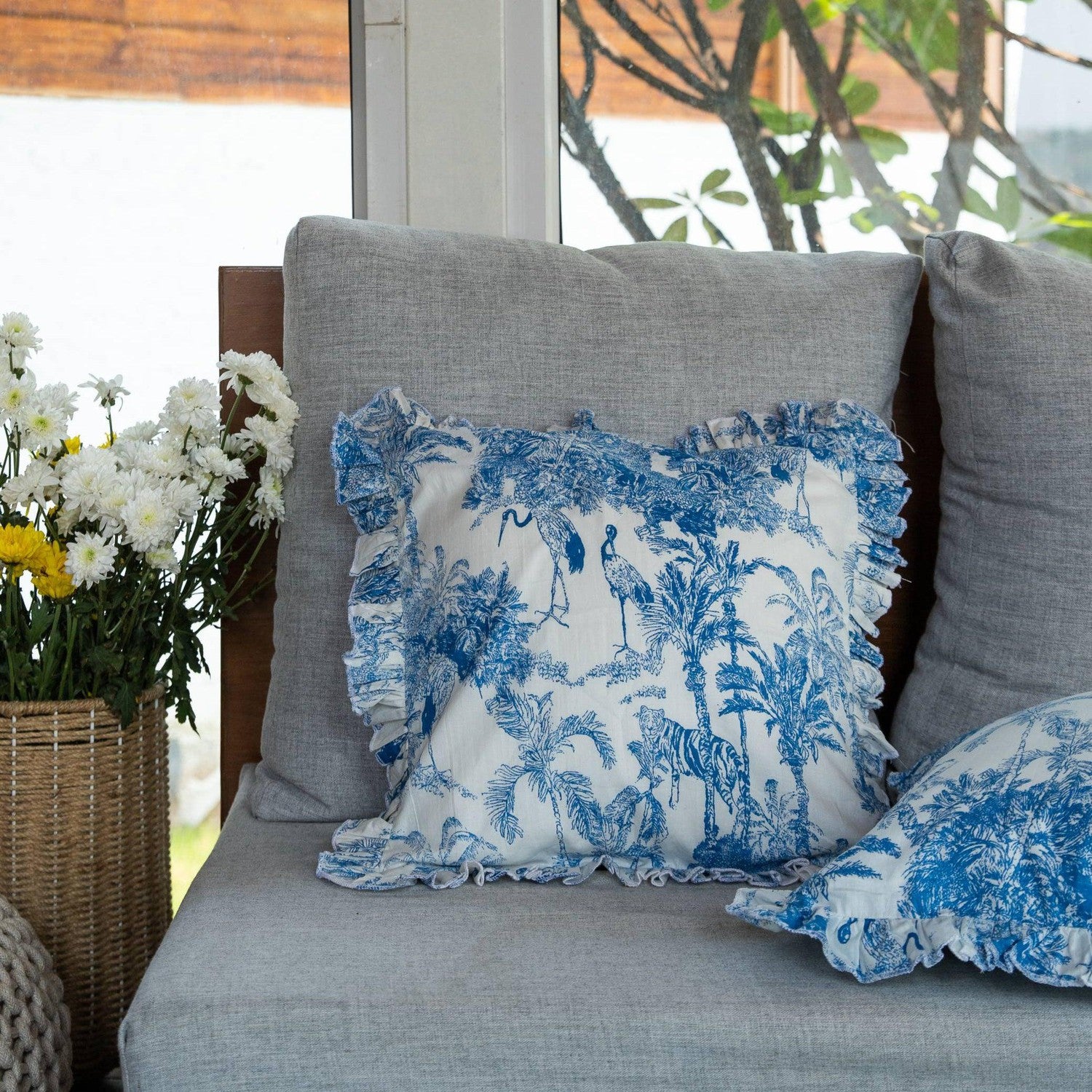 Blue Tropical Dreams Ruffle Cotton Cushion Cover House of Ekam