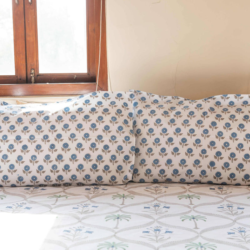 Blue White Phool and Palm Blockprinted Bedsheet-Bedsheets-House of Ekam