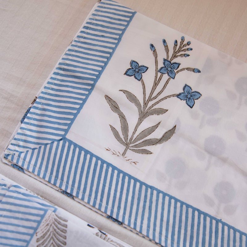 Blue White Phool and Palm Blockprinted Bedsheet-Bedsheets-House of Ekam