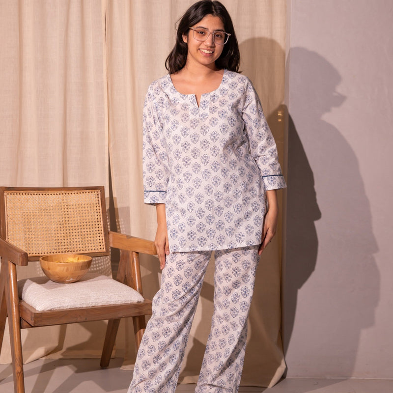 Blue and White Bela Blockprinted Loungewear Pyjama Set-loungewear-House of Ekam
