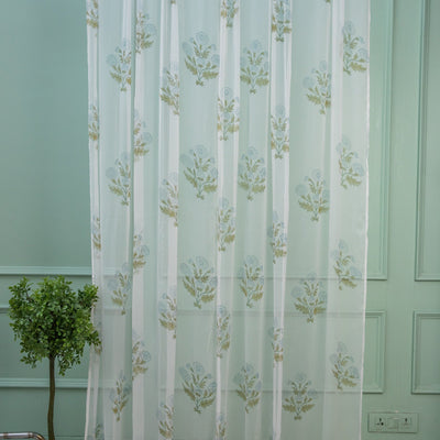 Chiffon Aster Hand Blockprinted Sheer Curtain-Curtains-House of Ekam