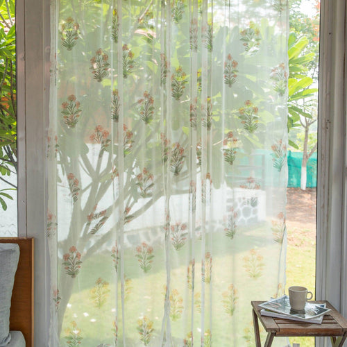 Chiffon Iris Hand Blockprinted Sheer Curtain-Curtains-House of Ekam