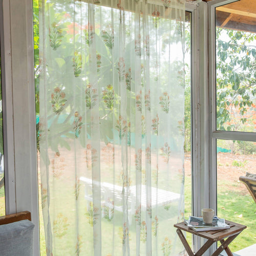 Chiffon Iris Hand Blockprinted Sheer Curtain-Curtains-House of Ekam