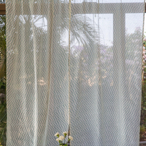 Green Chevron Blockprint Maheshwari Silk Curtain-Curtains-House of Ekam