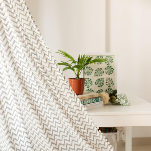 Grey Chevron Blockprint Sheer Curtain-Curtains-House of Ekam