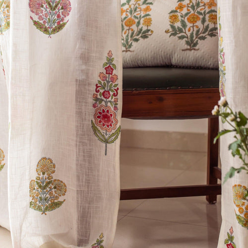 Guldasta Cypress Poppy Blockprint Sheer Curtain-Curtains-House of Ekam