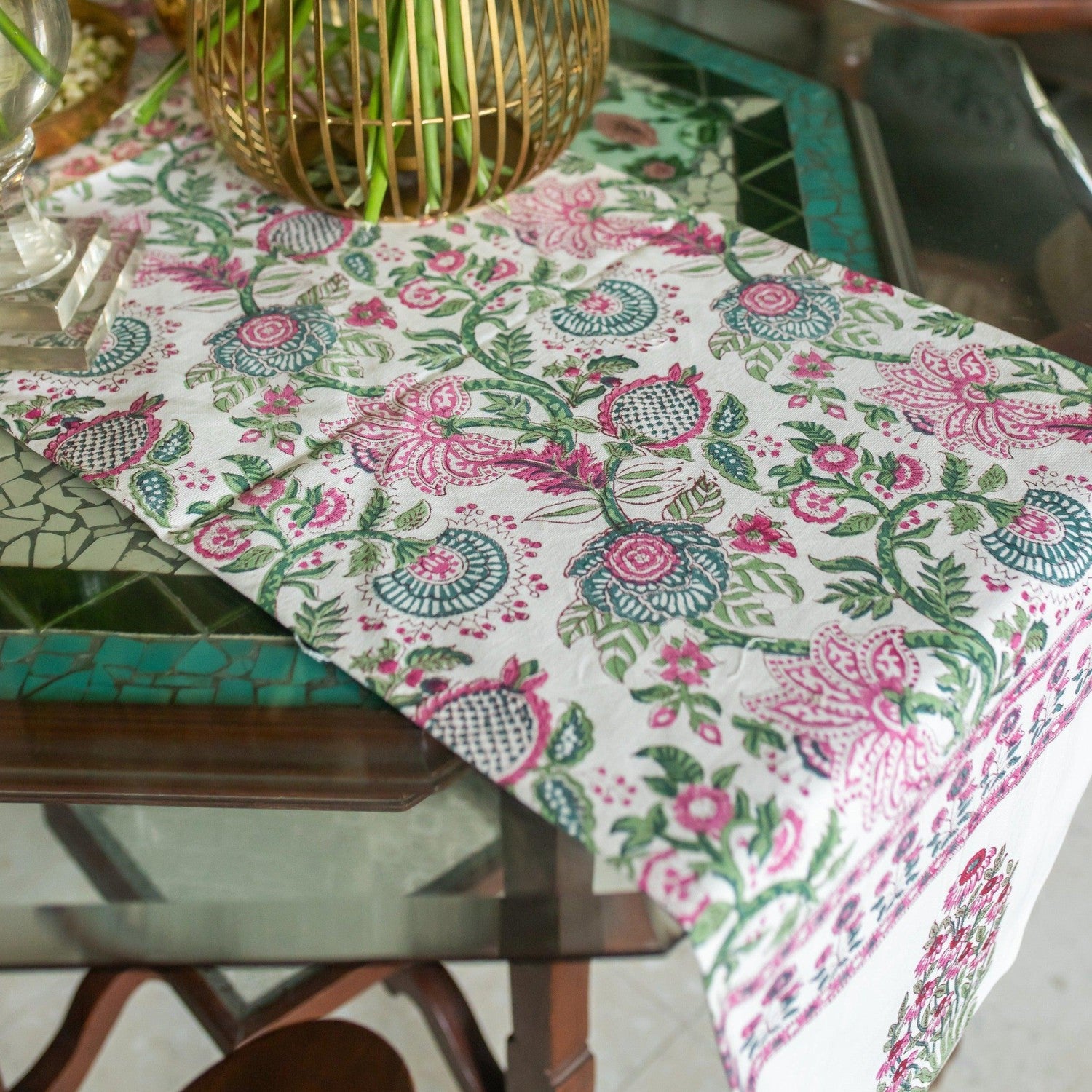 Guldasta Floral Blockprint Jaal White Cotton Dining Table Runner
