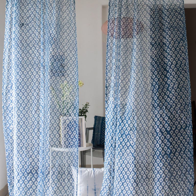 Indigo Diamond Kota Doria Curtain-Curtains-House of Ekam