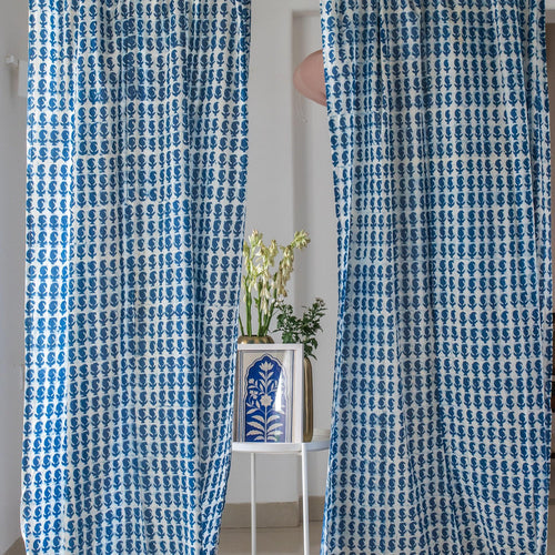 Indigo Paisley Print Semi Sheer Curtain-Curtains-House of Ekam