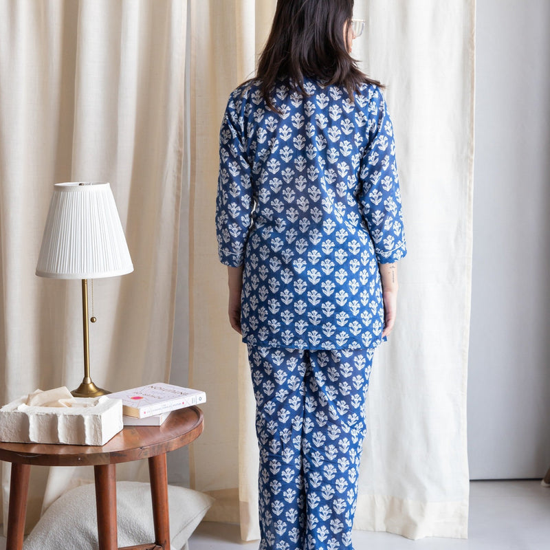 Neela Cosmos Floral Blockprinted Loungewear Pyjama Set-loungewear-House of Ekam