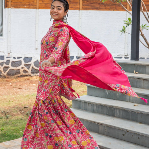 Nisha Pink Floral Hand Blockprinted Sharara Suit Set-Suits-House of Ekam