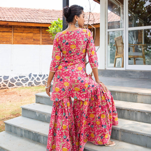 Nisha Pink Floral Hand Blockprinted Sharara Suit Set-Suits-House of Ekam