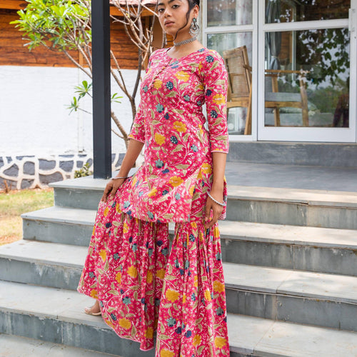 Nisha Pink Floral Hand Blockprinted Sharara Suit Set-Suits-House of Ekam