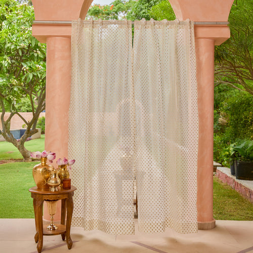 Off-White Gul Floral Zari Banarsi Curtain-Curtains-House of Ekam