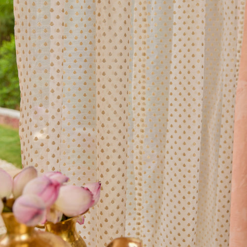 Off-White Gul Floral Zari Banarsi Curtain-Curtains-House of Ekam