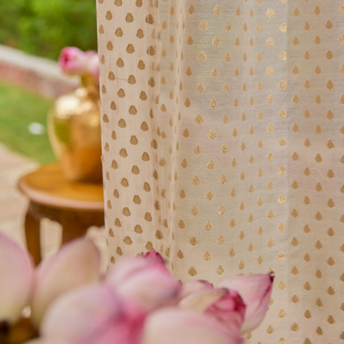 Off-White Gul Floral Zari Banarsi Curtain-Curtains-House of Ekam