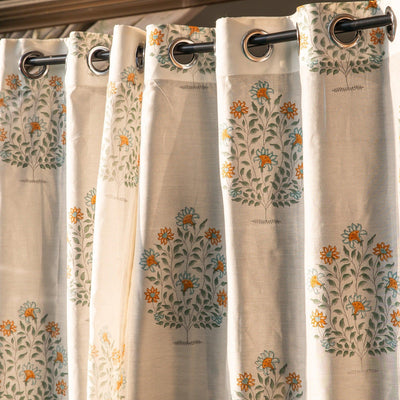 Orange and Green Oleander Blockprint Maheshwari Silk Curtain-Curtains-House of Ekam