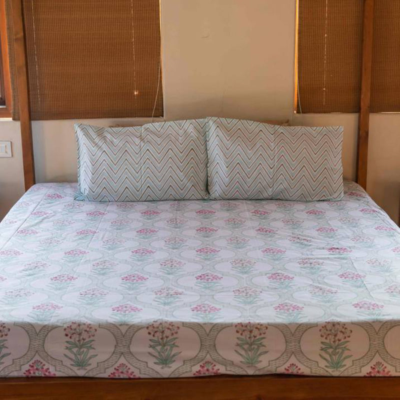 Pastel Blue Pink Cotton Blockprinted Mihrab Cotton Bedsheet-Bedsheets-House of Ekam