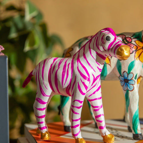 Pink Stripe Zebra Paper Mache Art-paper mache-House of Ekam