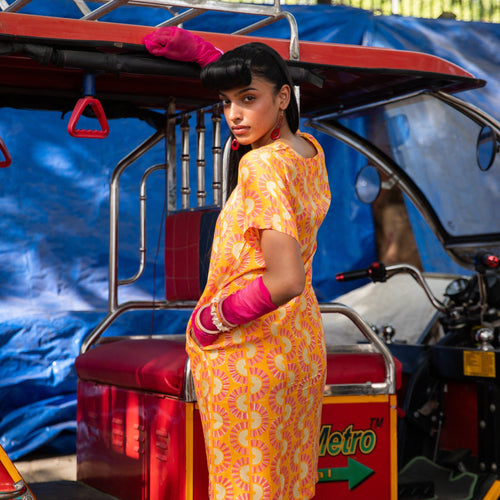Rainbow Dreams Orange Cotton Satin Dress-Dresses-House of Ekam