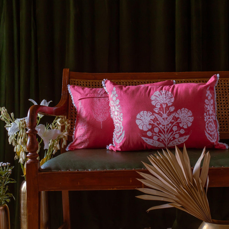 Rani Cypress Poppy Khadi Cushion Cover-Cushion Covers-House of Ekam