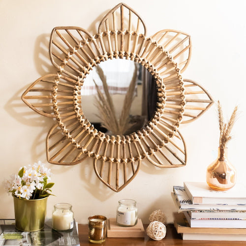 Rattan Sunflower Wall Mirror-Mirrors-House of Ekam