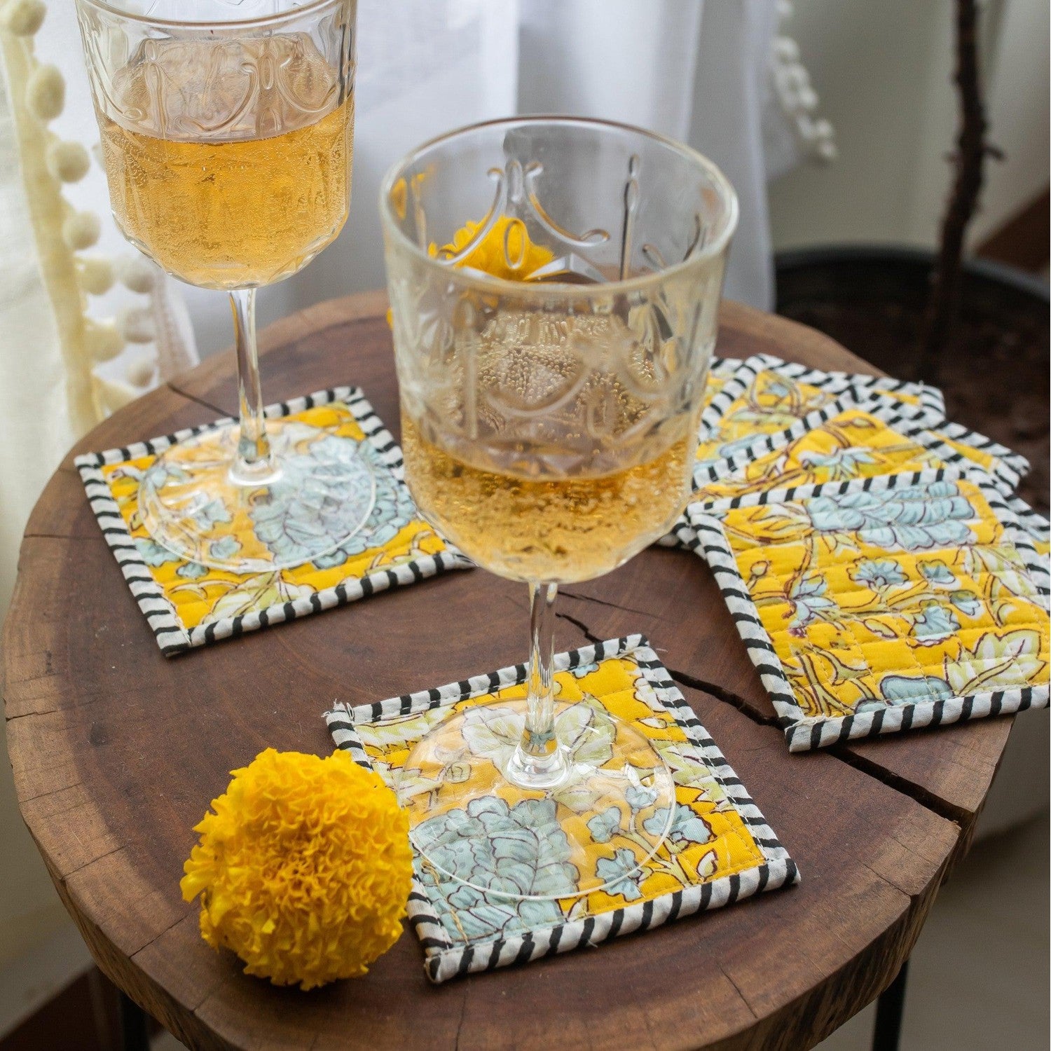 Sunshine Yellow Fabric Table Coaster Set of 6 House of Ekam