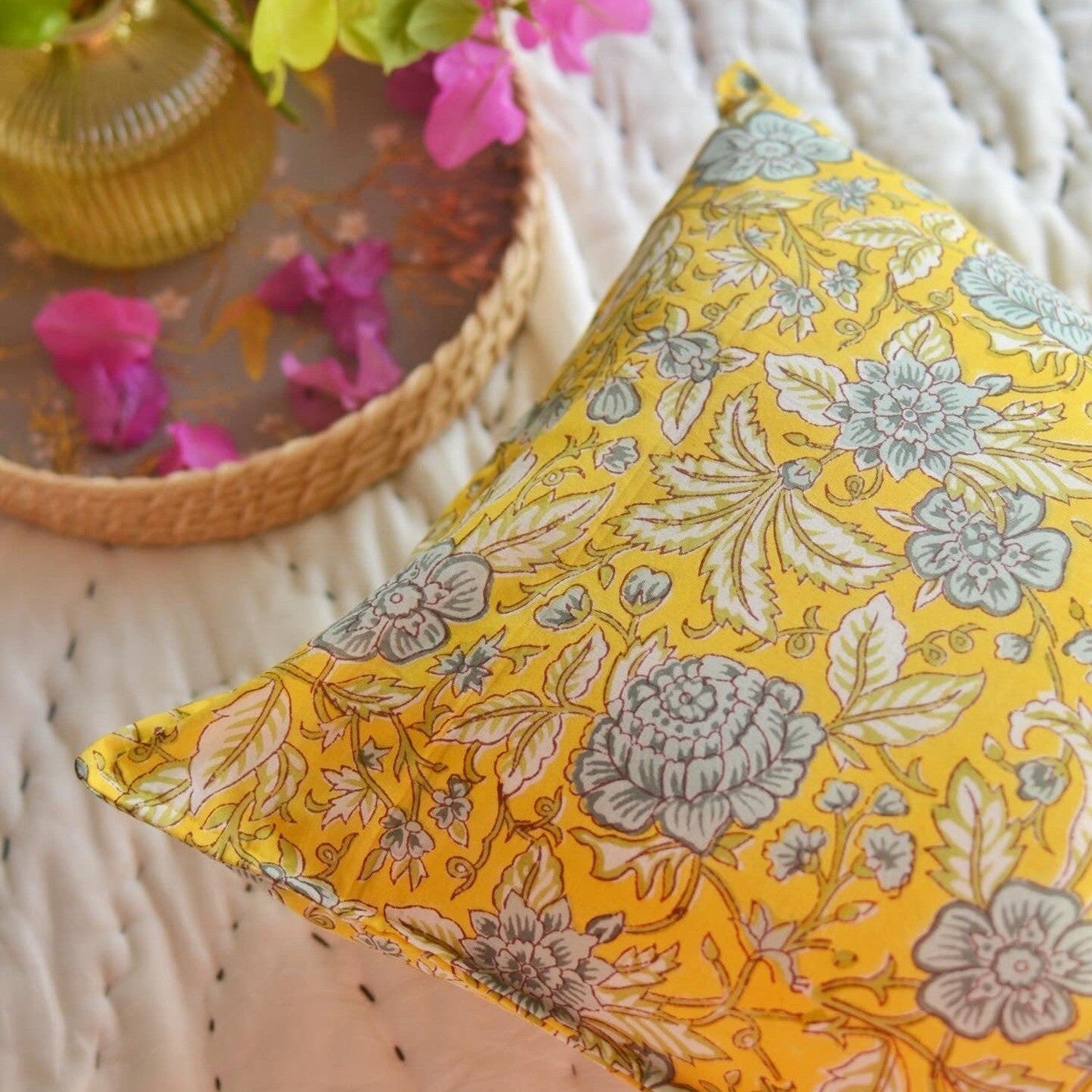 Sunshine Yellow Flower Blockprint Cotton Cushion Cover – House of Ekam