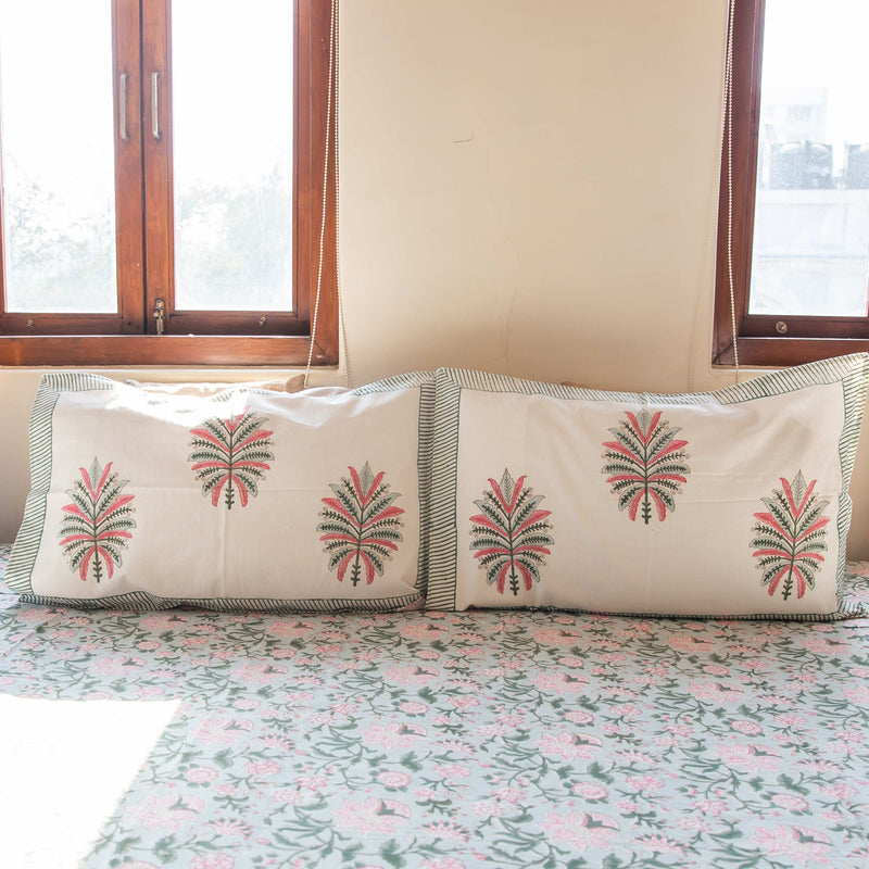 Traditional Green and Pink Pastel Phool Jaal Cotton Bedsheet-Bedsheets-House of Ekam