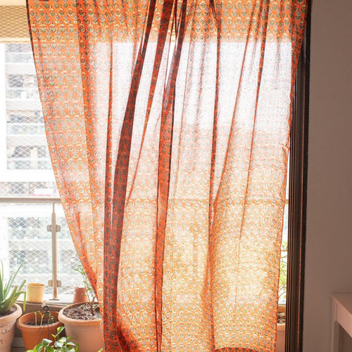 Udaipur Buti Orange Floral Curtain-Curtains-House of Ekam