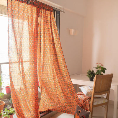 Udaipur Buti Orange Floral Curtain-Curtains-House of Ekam
