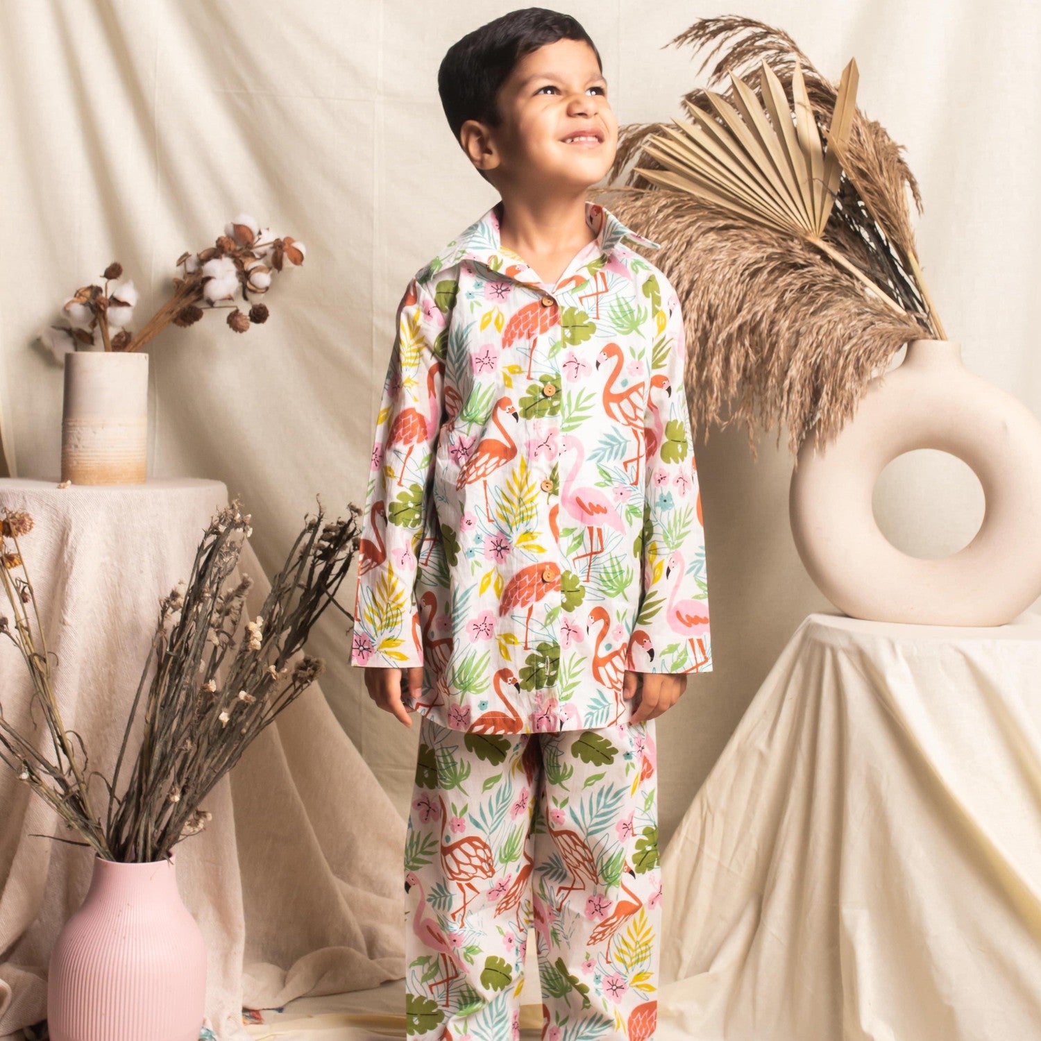 White and Pink Flamingo Kids Nightsuit Set