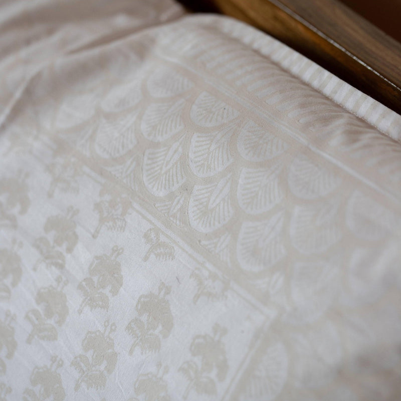 White on White Khadi Floral Double Bed Bedsheet-Bedsheets-House of Ekam