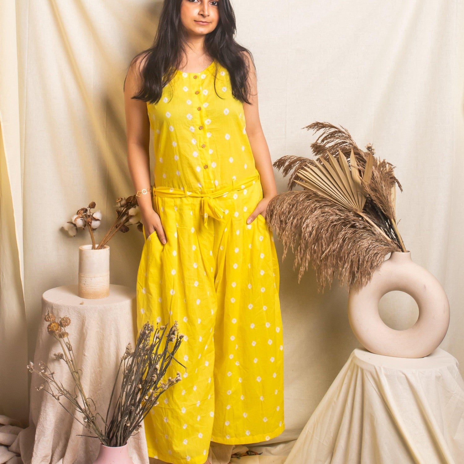 Bandhani Halter Jumpsuit with Drop Crotch In Lime Green main image 0