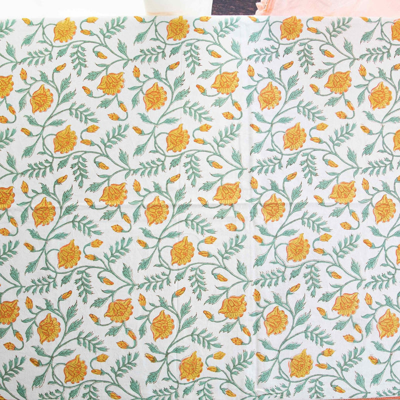 Yellow Floral Jaal Blockprinted Table Cloth-Table cloth-House of Ekam