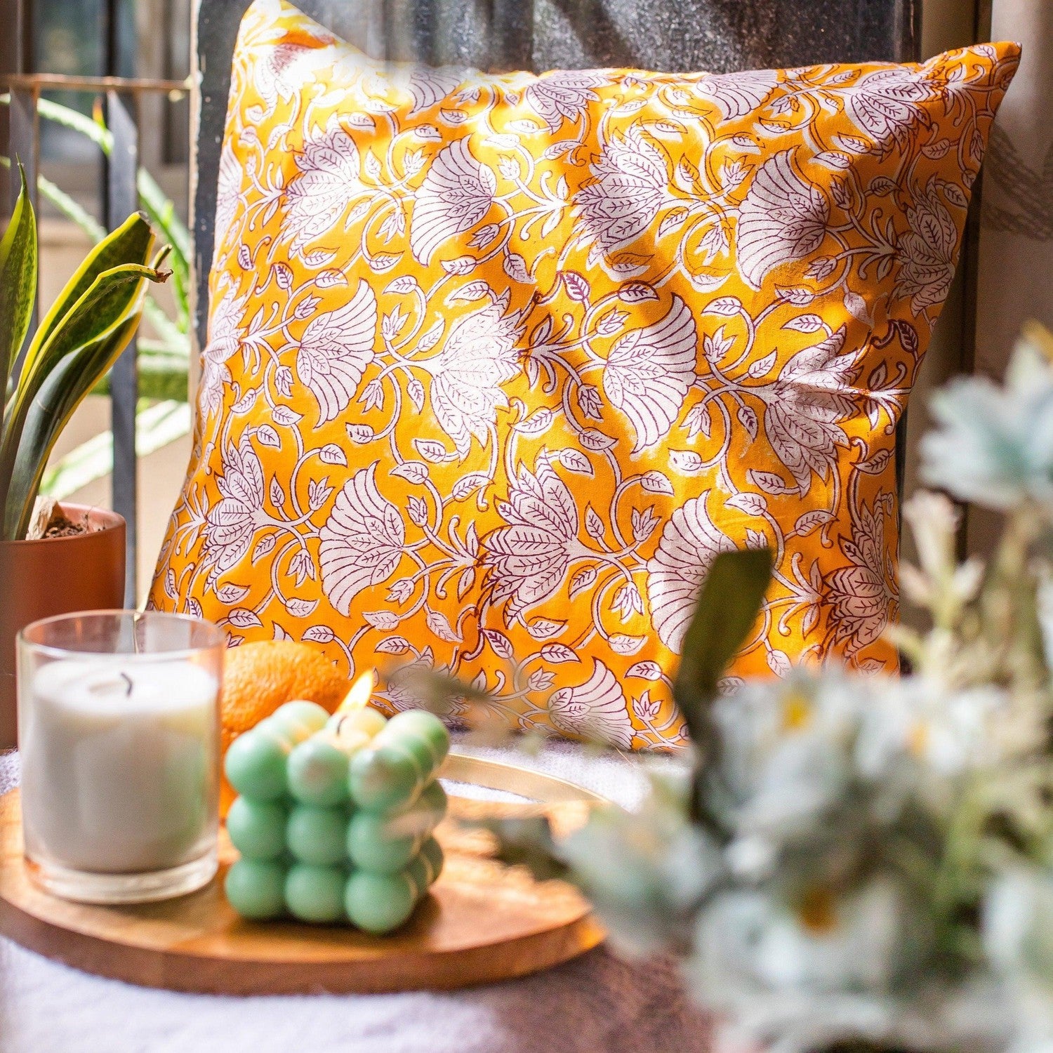 Yellow Floral Jaal Blockprint Cotton Cushion Cover House of Ekam