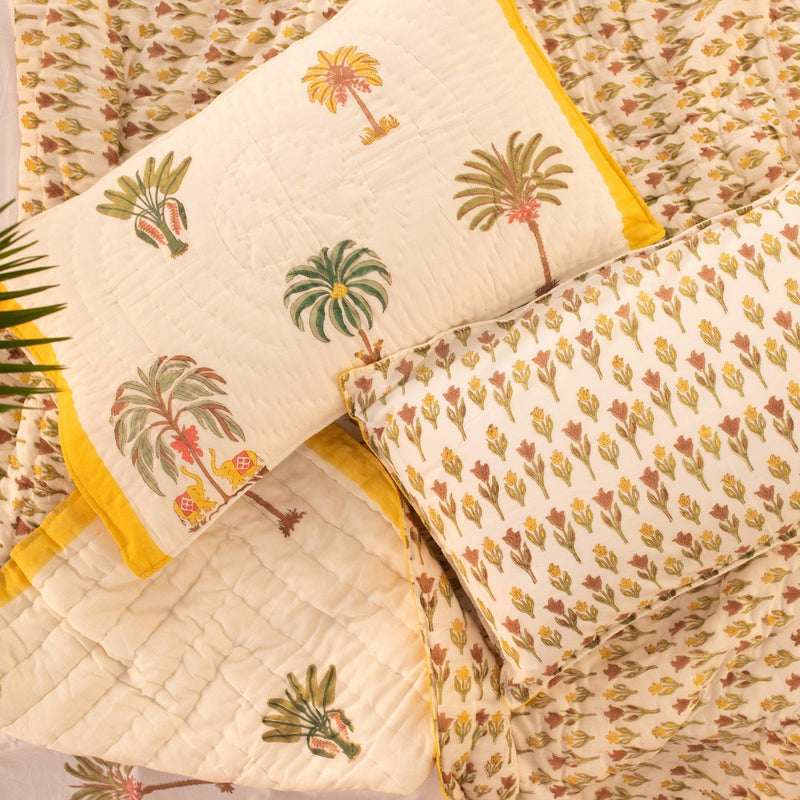Yellow and Green Kerala Tropical Double Bed Quilt-Quilt sets-House of Ekam