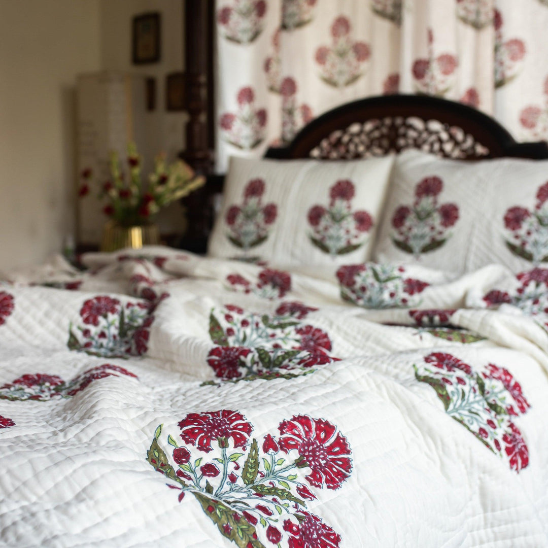 Aafreen Red Poppy Blockprint Handstitch Pique Double Bed Quilt Set-Quilt sets-House of Ekam