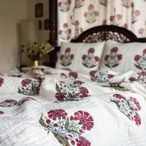 Aafreen Red Poppy Blockprint Handstitch Pique Double Bed Quilt Set-Quilt sets-House of Ekam