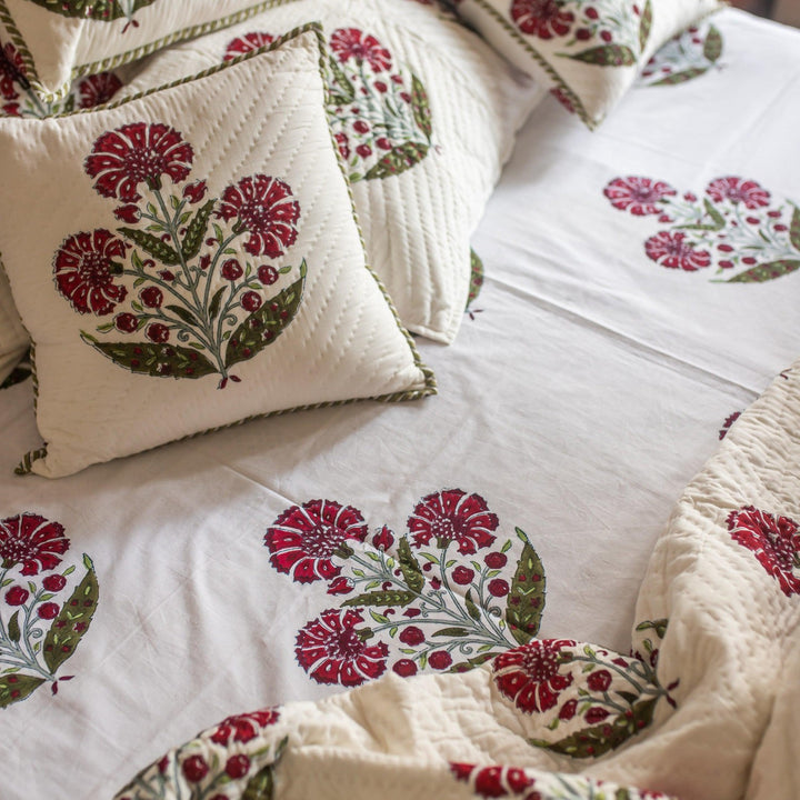 Aafreen Red Poppy Blockprint Handstitch Pique Double Bed Quilt Set-Quilt sets-House of Ekam