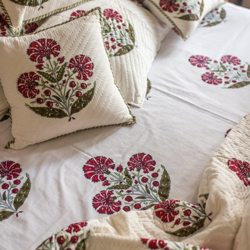 Aafreen Red Poppy Blockprint Handstitch Pique Double Bed Quilt Set-Quilt sets-House of Ekam